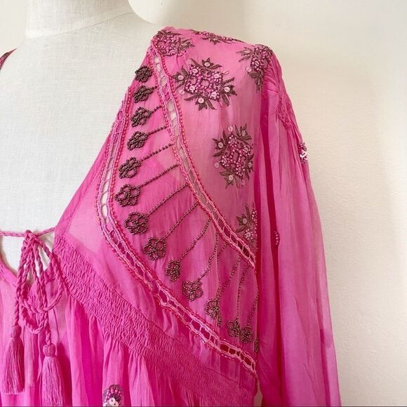 Free People Neon Moon Pink Embellished Babydoll Mini Dress NWT Boho SMALL - Picture 5 of 10